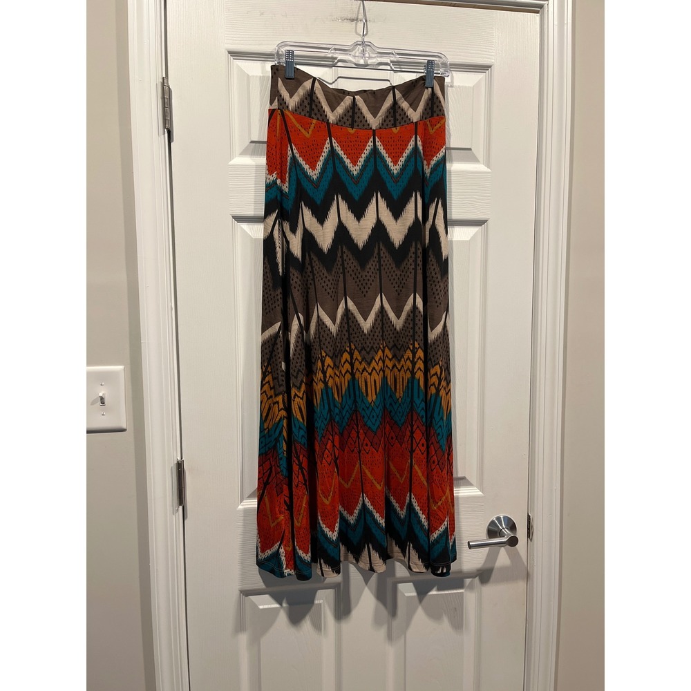Veronicam Womens Chevron Ikat‎ Print Maxi Skirt Orange Teal Brown Size M